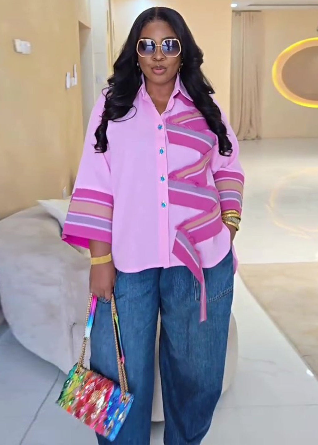 Plus Size Pink Striped Fringe Patchwork Blouse