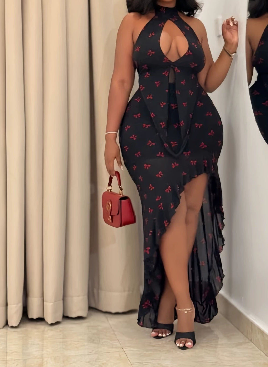 Bow Print Halter Cutout Backless Maxi Dress