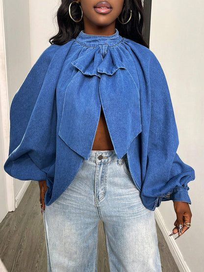 Balloon Sleeve Cutout Back Denim Crop Top