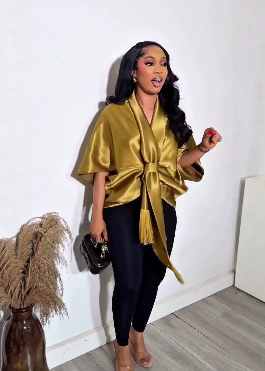 Satin Scarf-collar Short-sleeve Top