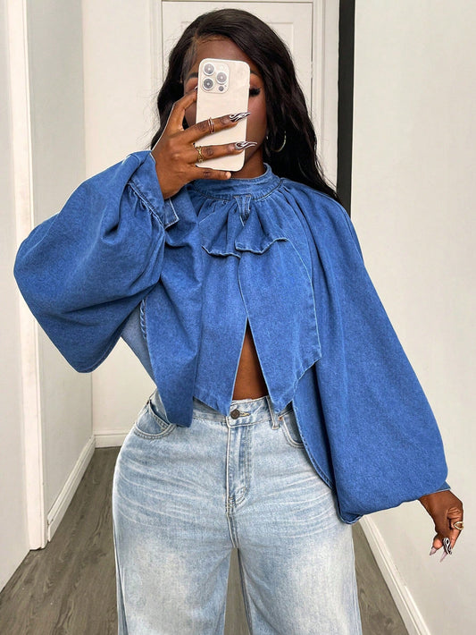 Balloon Sleeve Cutout Back Denim Crop Top