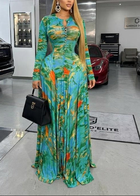 Elegant Printed Single-Breasted Maxi Dress