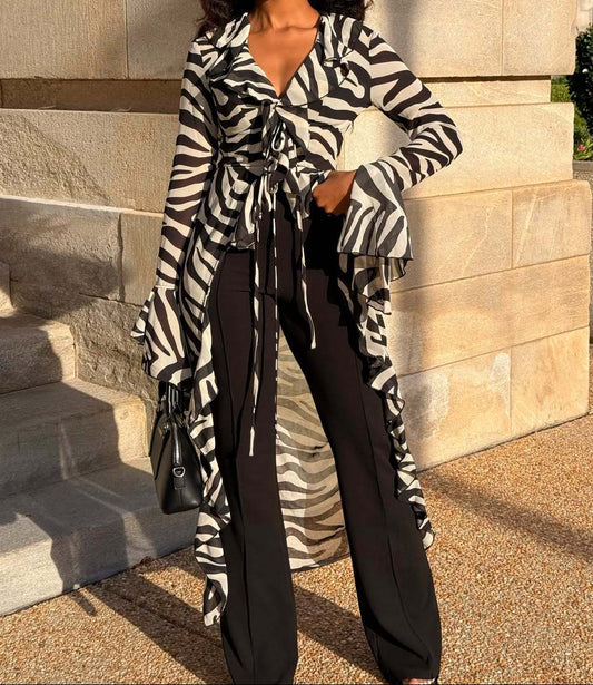 Zebra Print Ruffle High‑Low Kimono Top