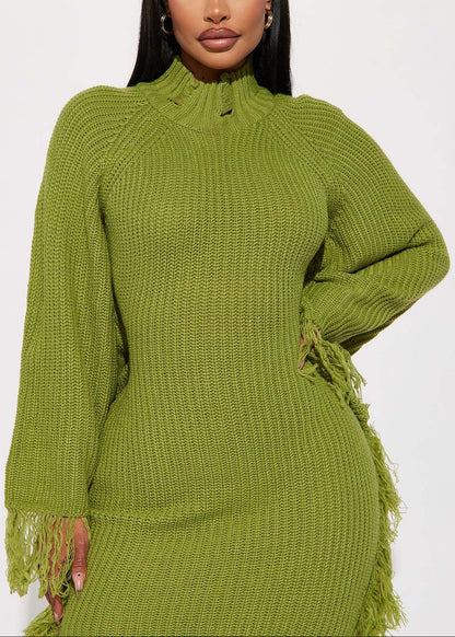 Fringed Mock-neck Sweater Dress