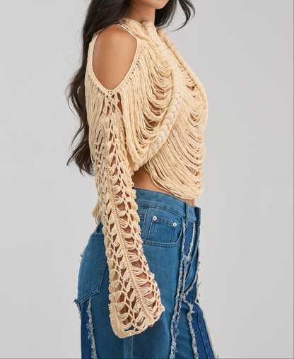 Braided Fringe Crochet Cold‑Shoulder Crop Top