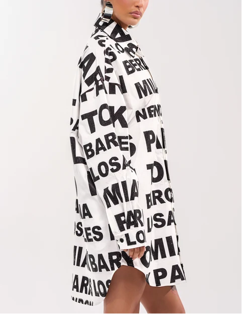 City Letter Print Oversized Shirt Mini Dress