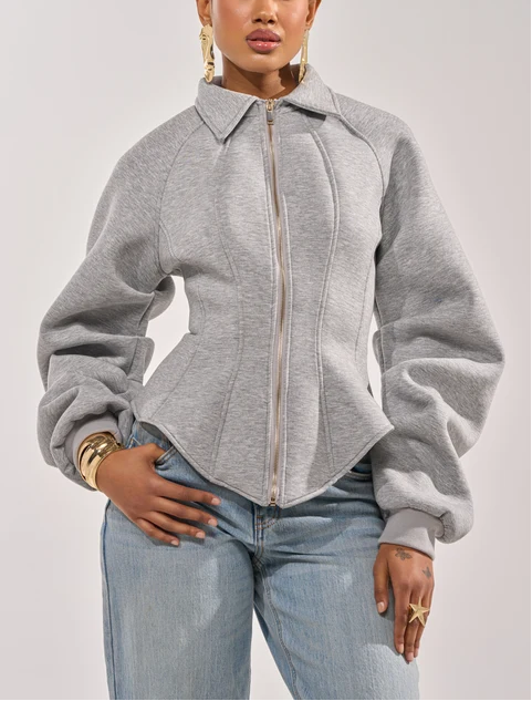 Corset Zip‑Up Collared Sweatshirt Jacket