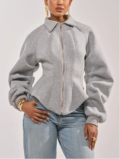 Corset Zip‑Up Collared Sweatshirt Jacket
