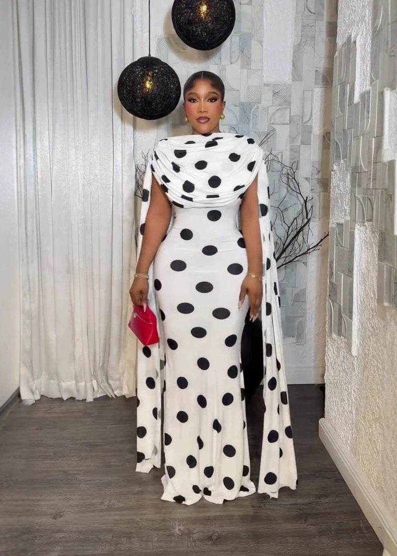 Elegant Polka-Dot Print Evening Dress