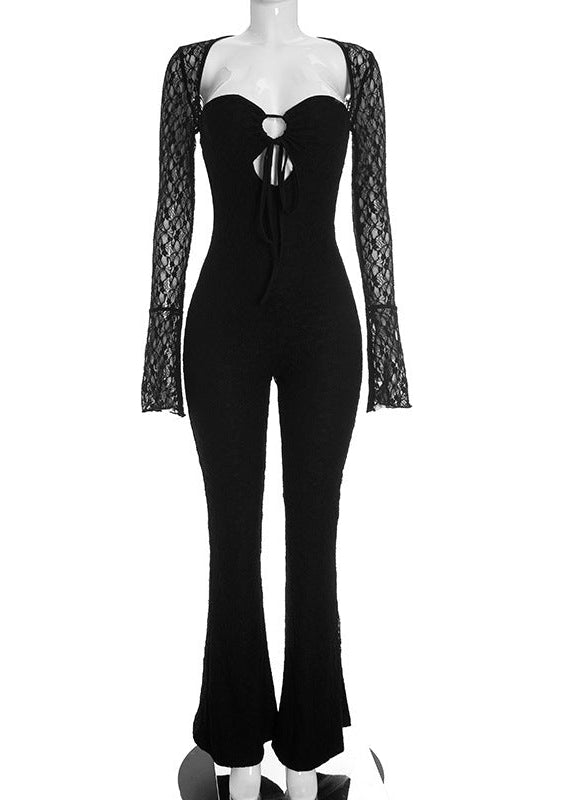 Solid-color Lace Long-sleeve Jumpsuit