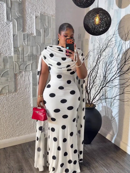 Elegant Polka-Dot Print Evening Dress
