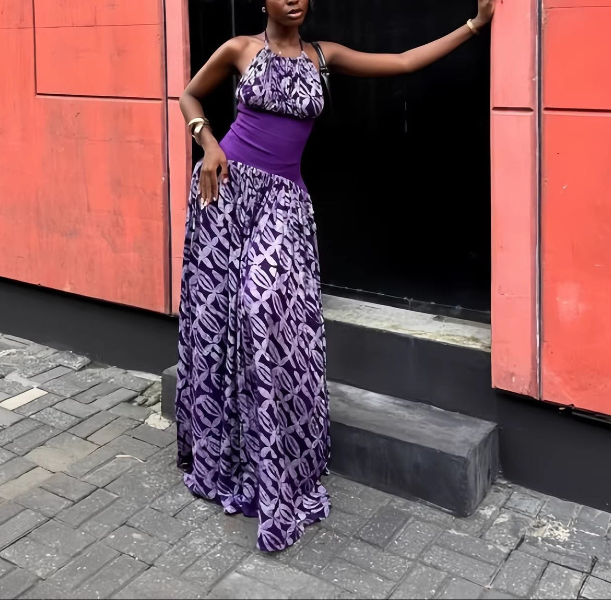 Halter Mixed Print Flowy Maxi Dress