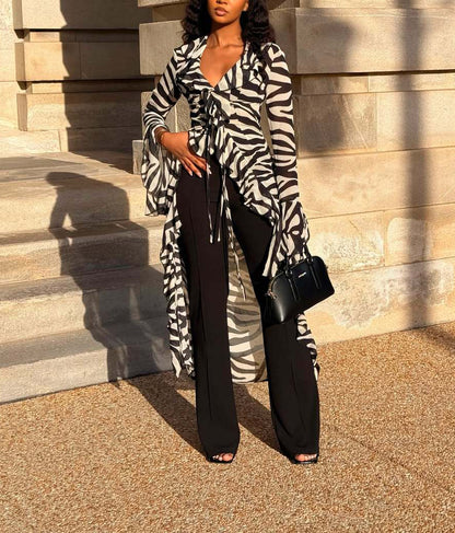 Zebra Print Ruffle High‑Low Kimono Top