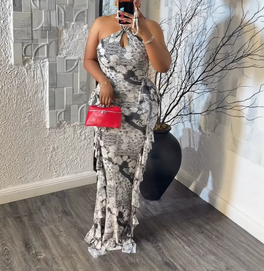 Halter Keyhole Ruffle Printed Mermaid Maxi Dress
