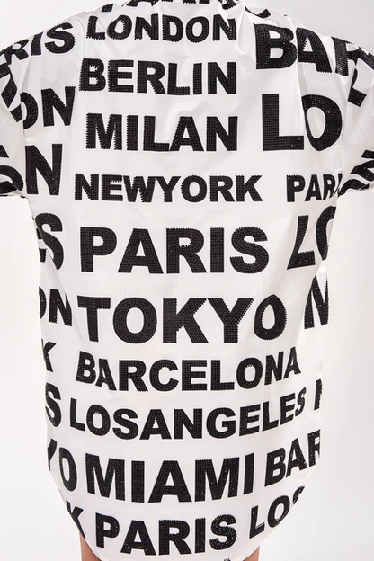 City Letter Print Oversized Shirt Mini Dress