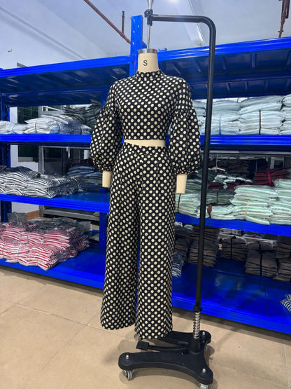 Elegant polka Dot Lantern Sleeve Two-piece Set