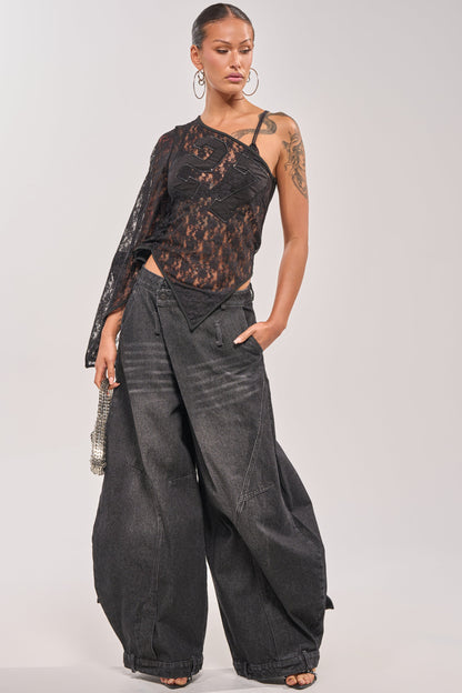 Retro Pleated Washed Curved Jeans