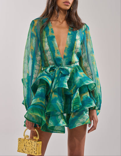 Tie-Dye Ruffle Hem Mini Dress