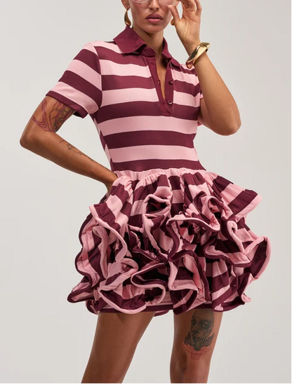 Striped Polo 3D Ruffle Mini Dress