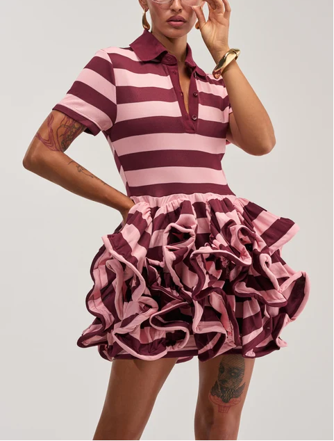 Striped Polo 3D Ruffle Mini Dress
