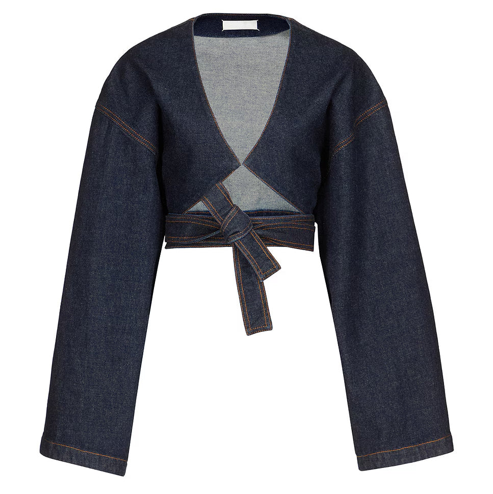 Denim Cropped Wrap Tie Long‑Sleeve Top