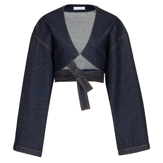 Denim Cropped Wrap Tie Long‑Sleeve Top