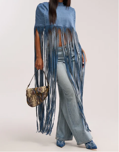 Long Fringe Denim Open‑Back Cape Top