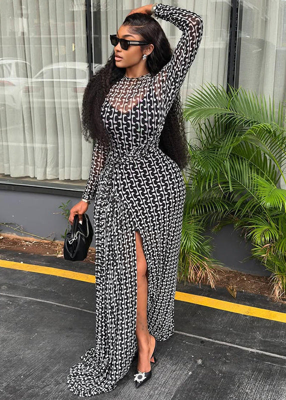 Slit-detail Printed High-neck Dress