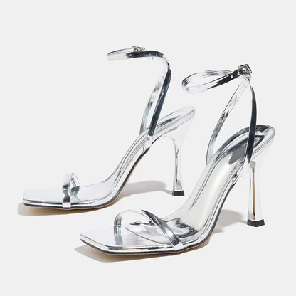 Metallic Ankle Strap Stiletto Sandals