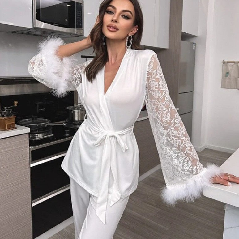 Milk Silk and Lace V-Neck Robe Set