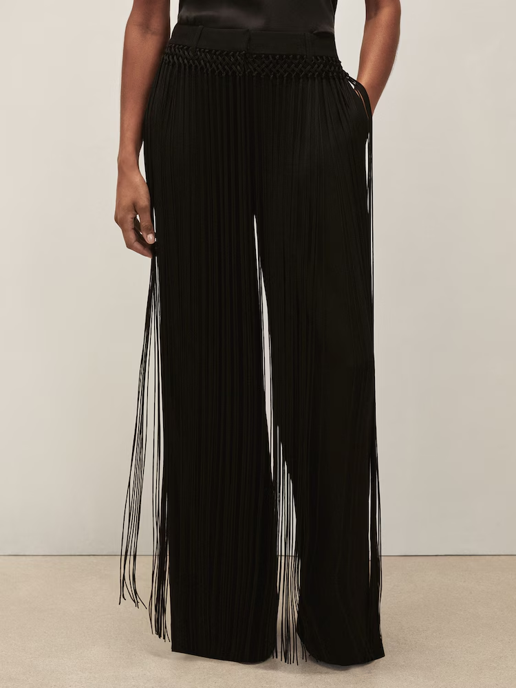 Black Fringe Wide‑Leg High Waist Pants