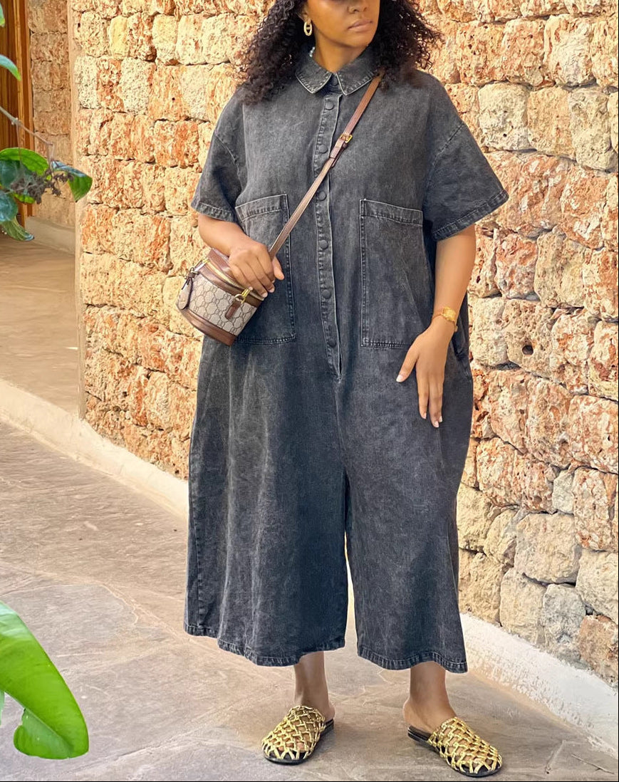 Single-breasted Loose-fit Denim Jumpsuit