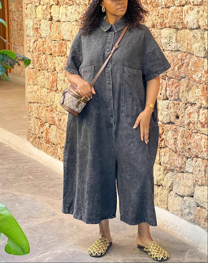 Single-breasted Loose-fit Denim Jumpsuit