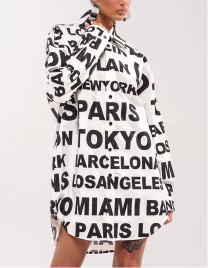 City Letter Print Oversized Shirt Mini Dress