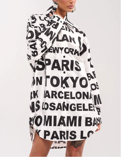 City Letter Print Oversized Shirt Mini Dress