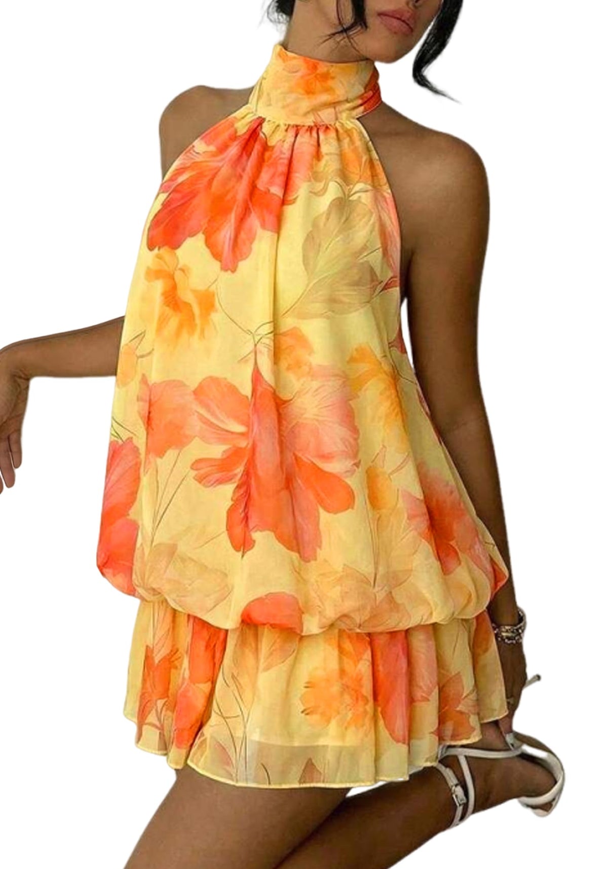 Floral Halter Backless Tiered Chiffon Mini Dress