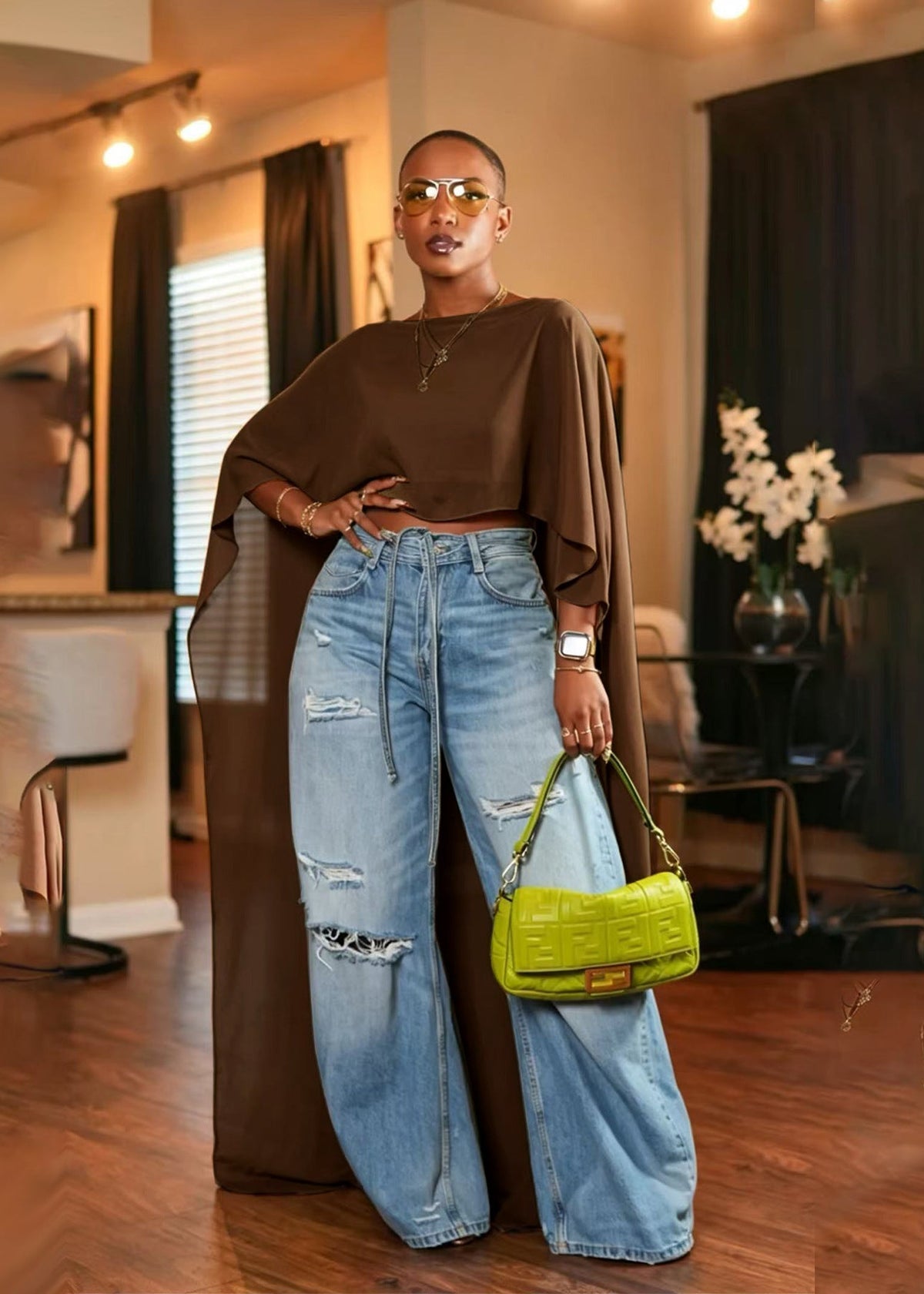 Mesh Batwing-Sleeve Cape