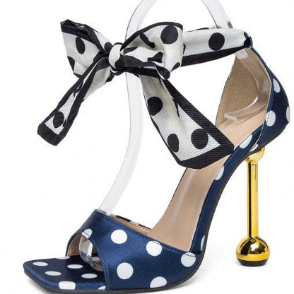 Polka Dot Satin Ankle Bow Stiletto Sandals