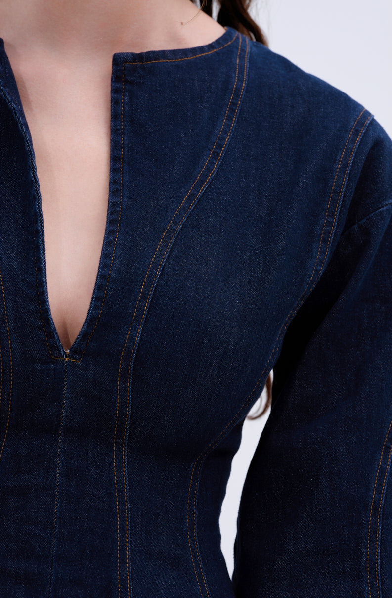 Denim Mini Dress with Deep V Collar