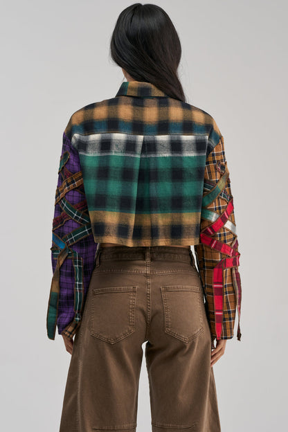 Patchwork Plaid Fringe Ribbon Cropped Button‑Down Shirt