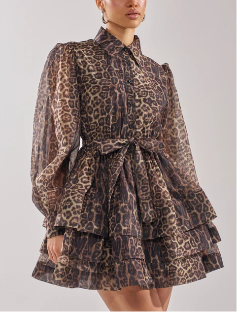 Leopard Tiered Ruffle Shirt Mini Dress