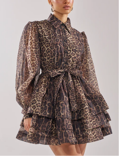 Leopard Tiered Ruffle Shirt Mini Dress