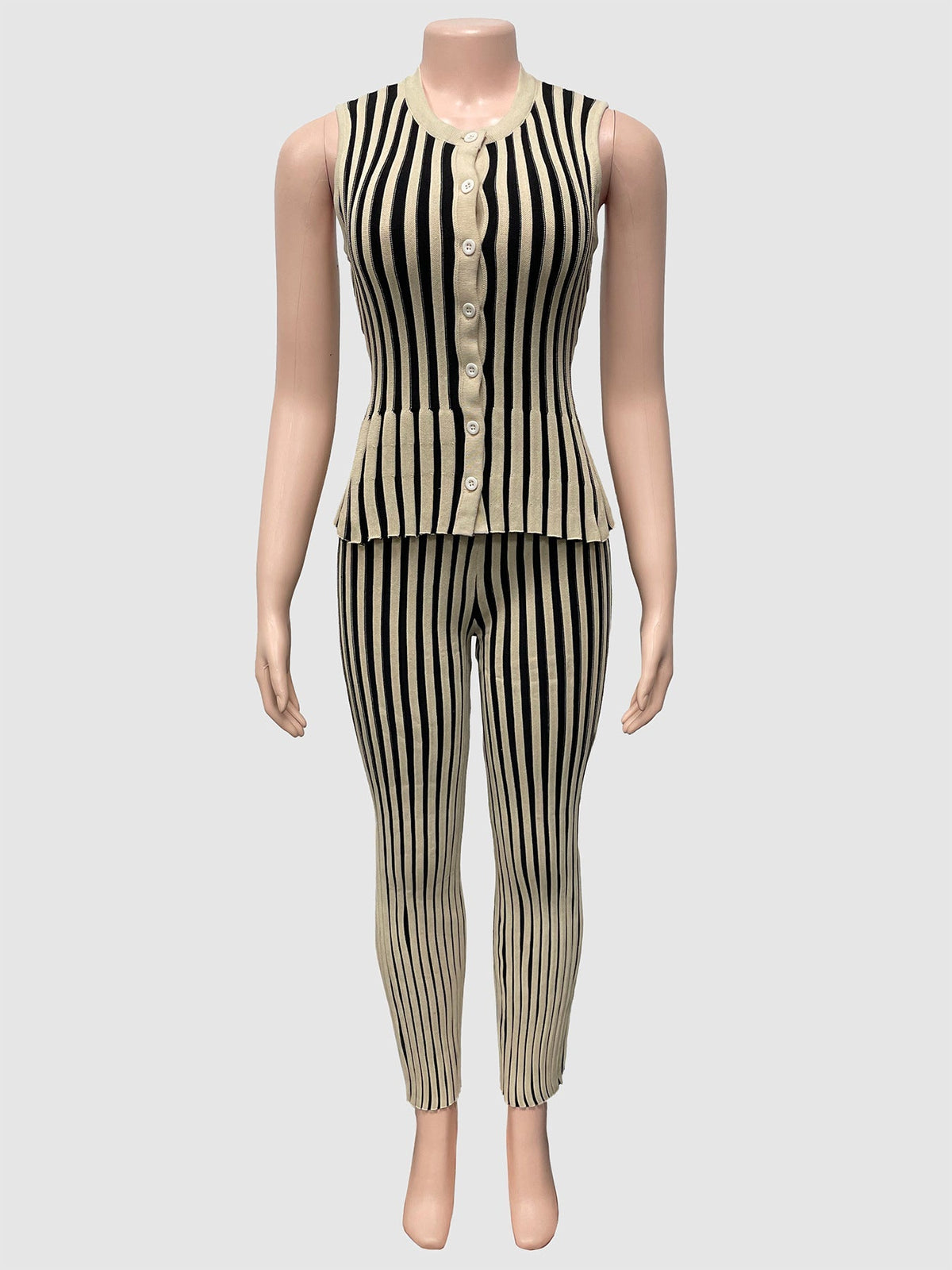 Striped Sleeveless Peplum Top & Flared Pants Set