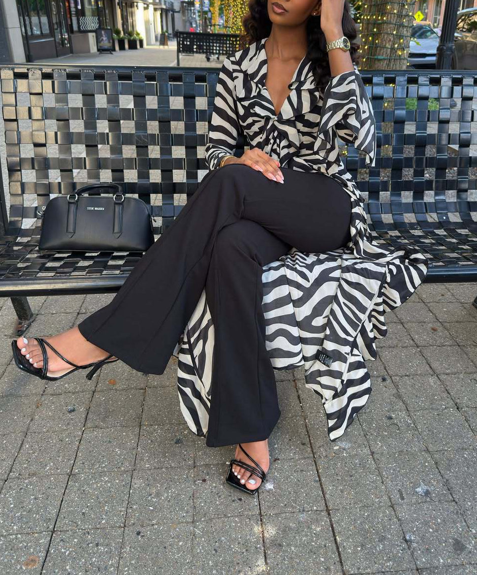 Zebra Print Ruffle High‑Low Kimono Top