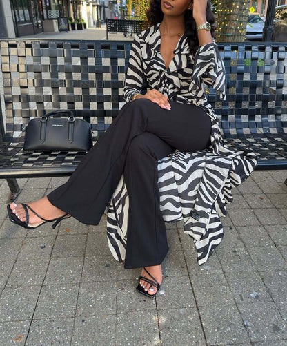 Zebra Print Ruffle High‑Low Kimono Top