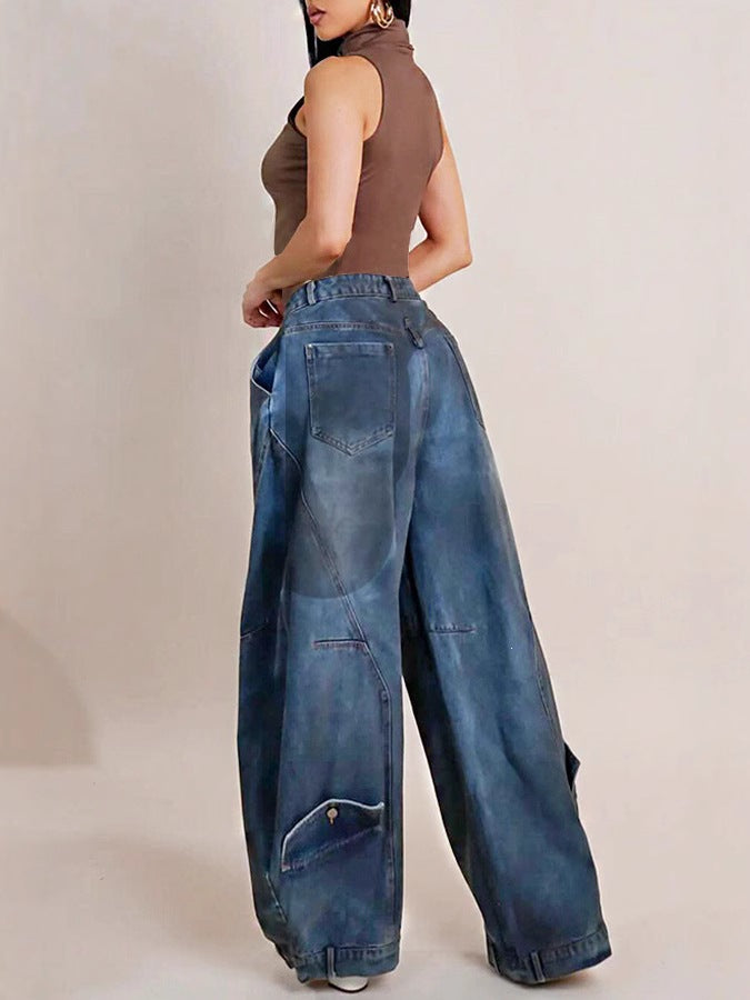 Women's Vintage-Wash Jeans with Fold-Over Waistband