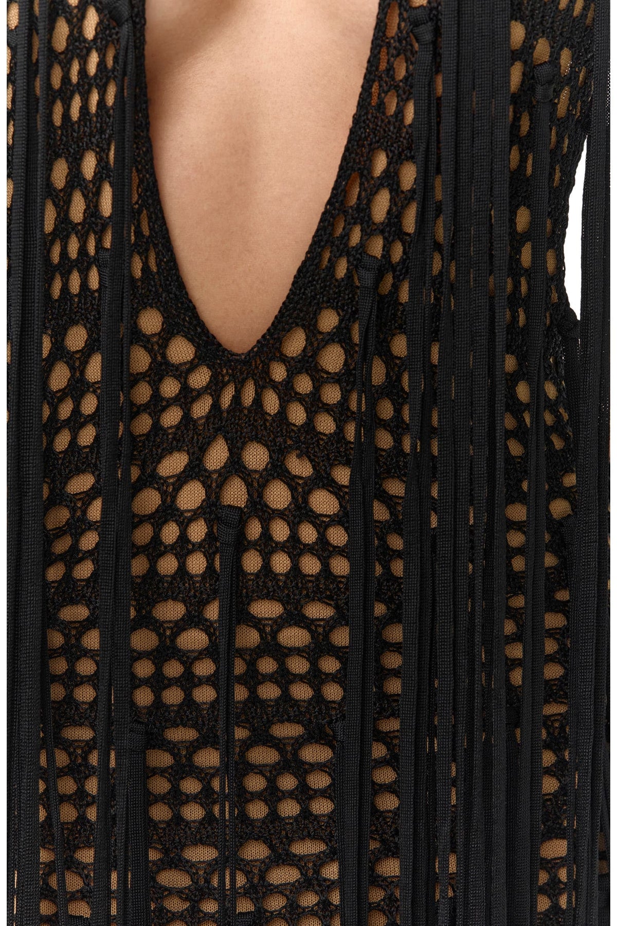 Crochet Fringe Plunge Neck Maxi Dress