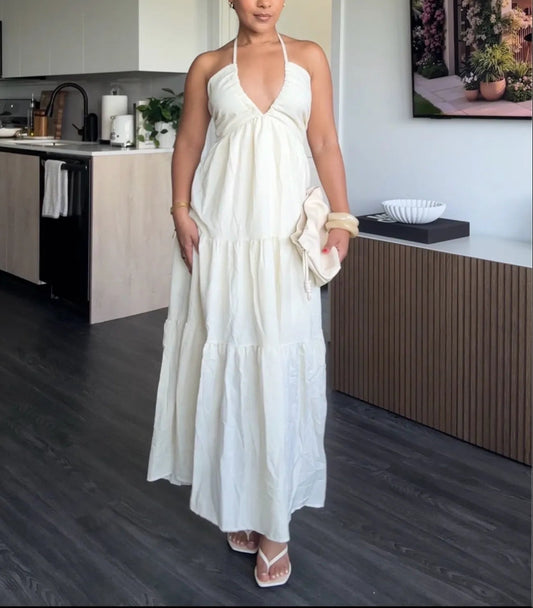Halter Backless Bow Tiered Flowy Maxi Dress