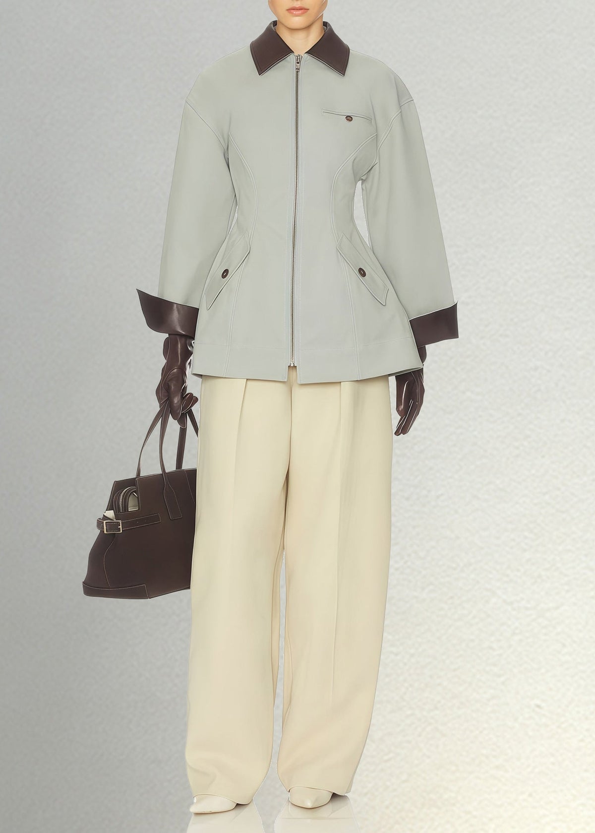 Collared Patchwork Dark Brown Leather Zip-up Jacket