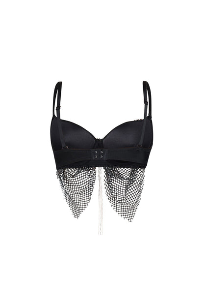 Rhinestone Mesh Chain Tassel Crop Bustier Top